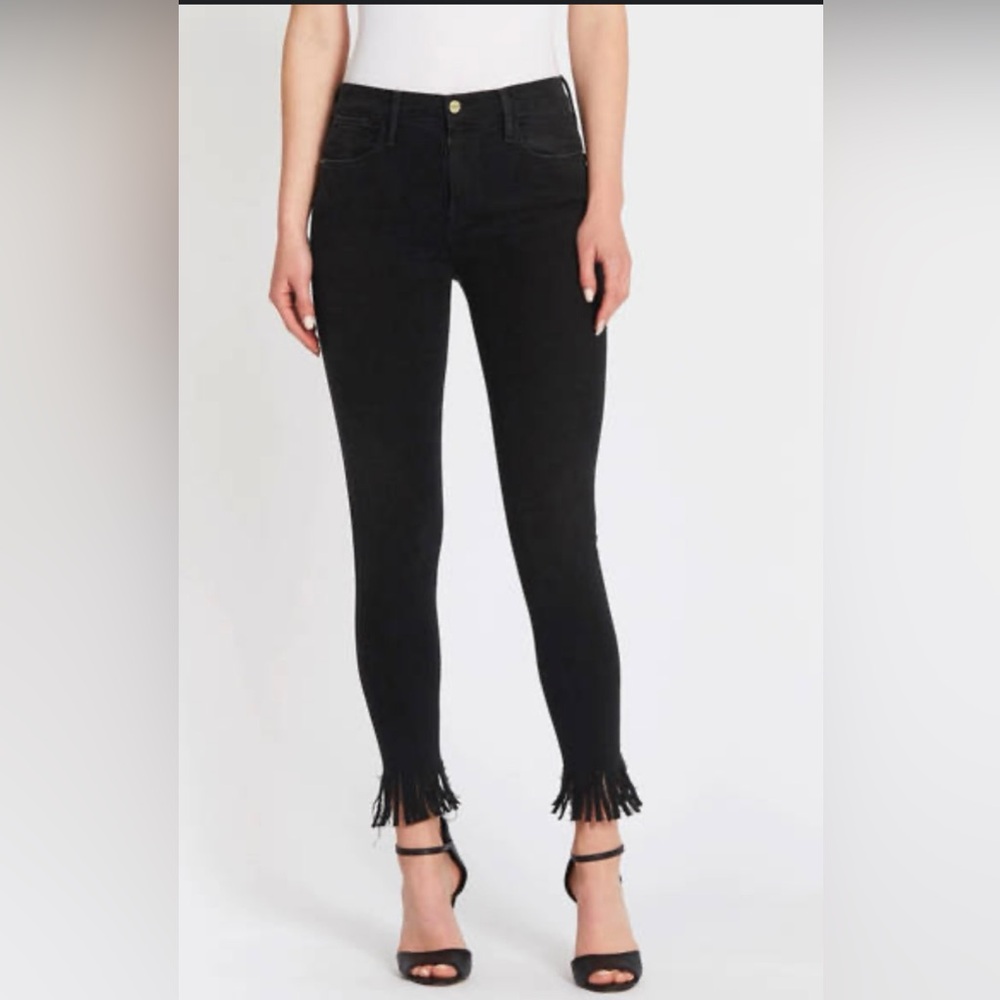 FRAME black denim le high skinny Fringe Hem Jeans